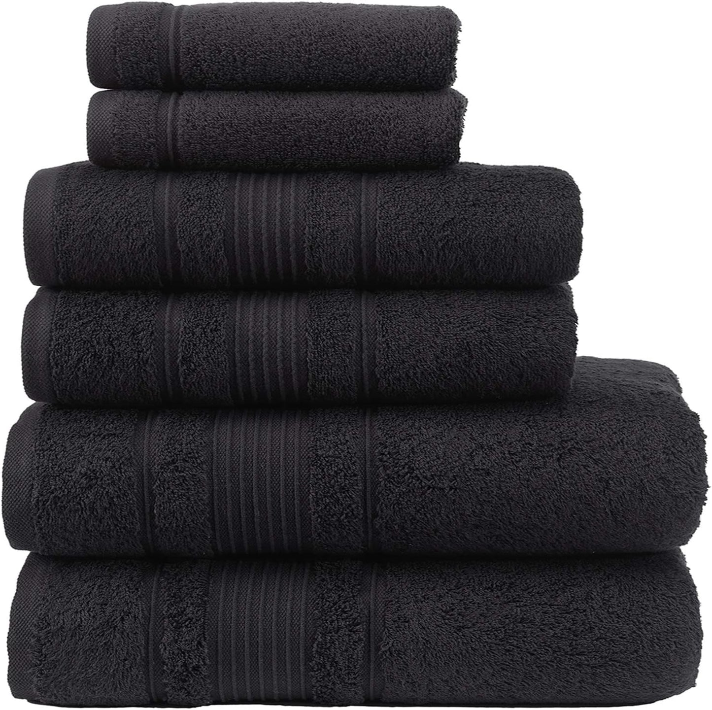 6-Piece Bath Towels Set, 100% Turkish Cotton Premium Quality Bathroom Towels, Soft and Absorbent Turkish Towels, Set Includes 2 Bath Towels, 2 Hand Towels and 2 Washcloths (Black)