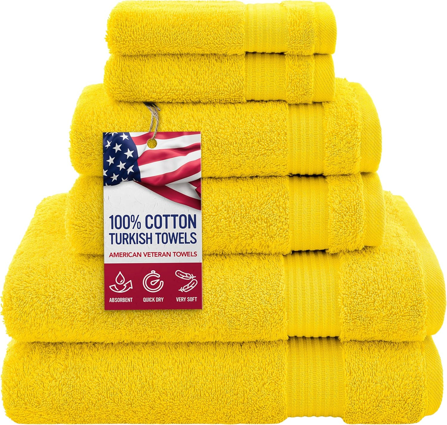 100% Cotton Turkish 6 Piece Towel Set, Luxury Towels Set of 6 for Bathroom Essentials, 2 Bath Towels 2 Hand Towels 2 Washcloths, Yellow
