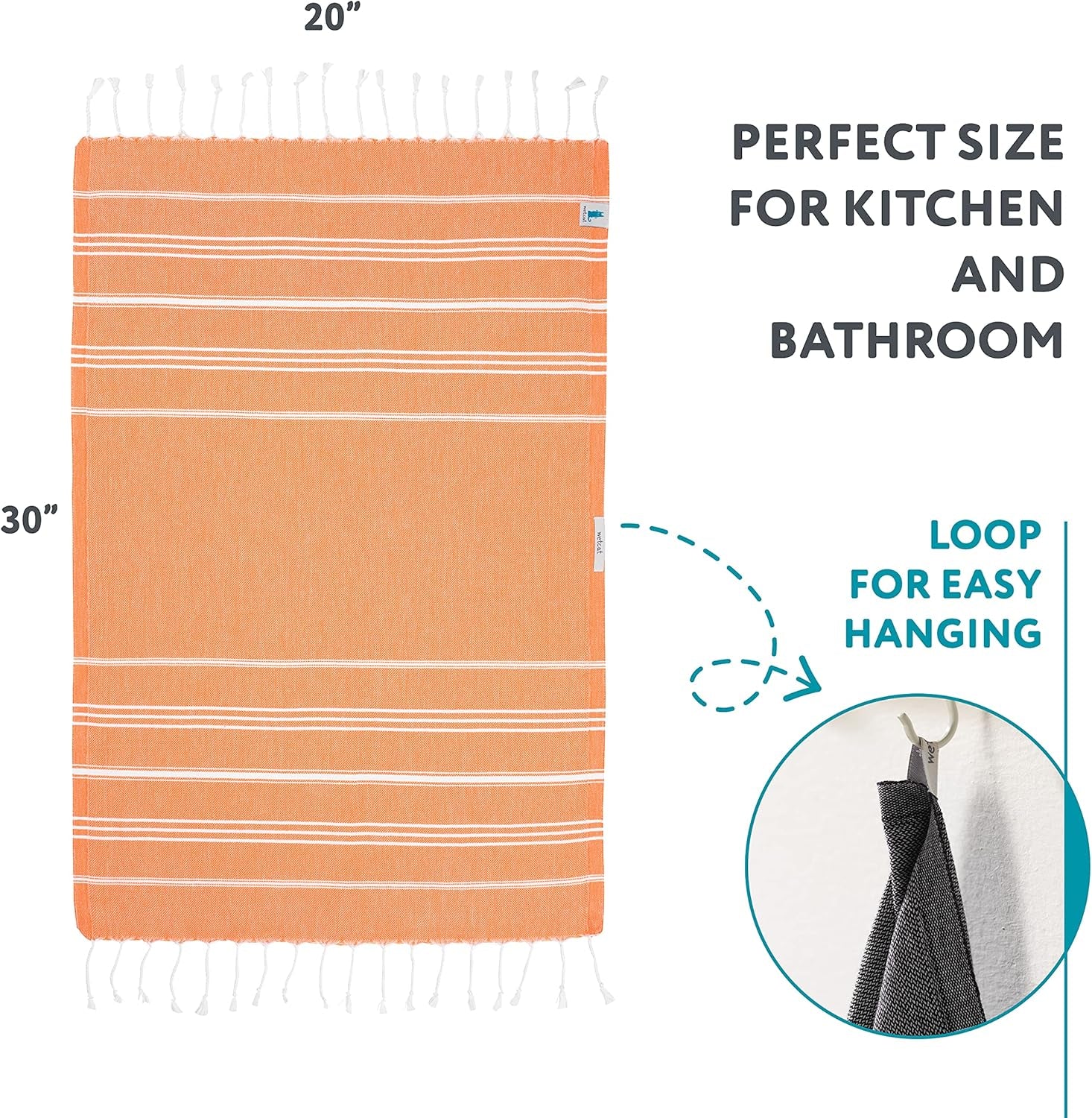 Turkish Hand Towels with Hanging Loop, Set of 2 (20" X 30") 100% Turkish Cotton, Pre-Washed, Quick Drying, for Kitchen or Bathroom - Orange