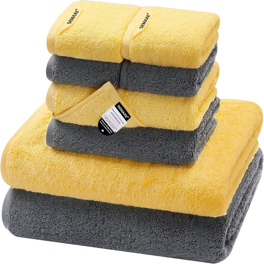 Bath Towel Set, 100% Cotton Bathroom Towels with Hanging Loops, Soft & Absorbent, 8 Piece Towel Set Include 2 Bath Towels, 2 Hand Towels, 4 Washcloths, Yellow & Grey