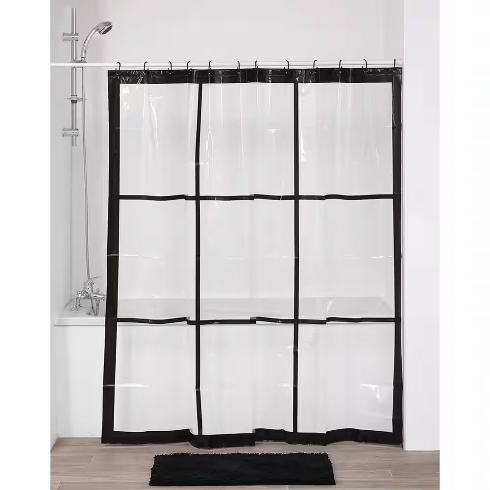 Transparent 71 In. W X 71 In. L PEVA Shower Curtain Black Window Design