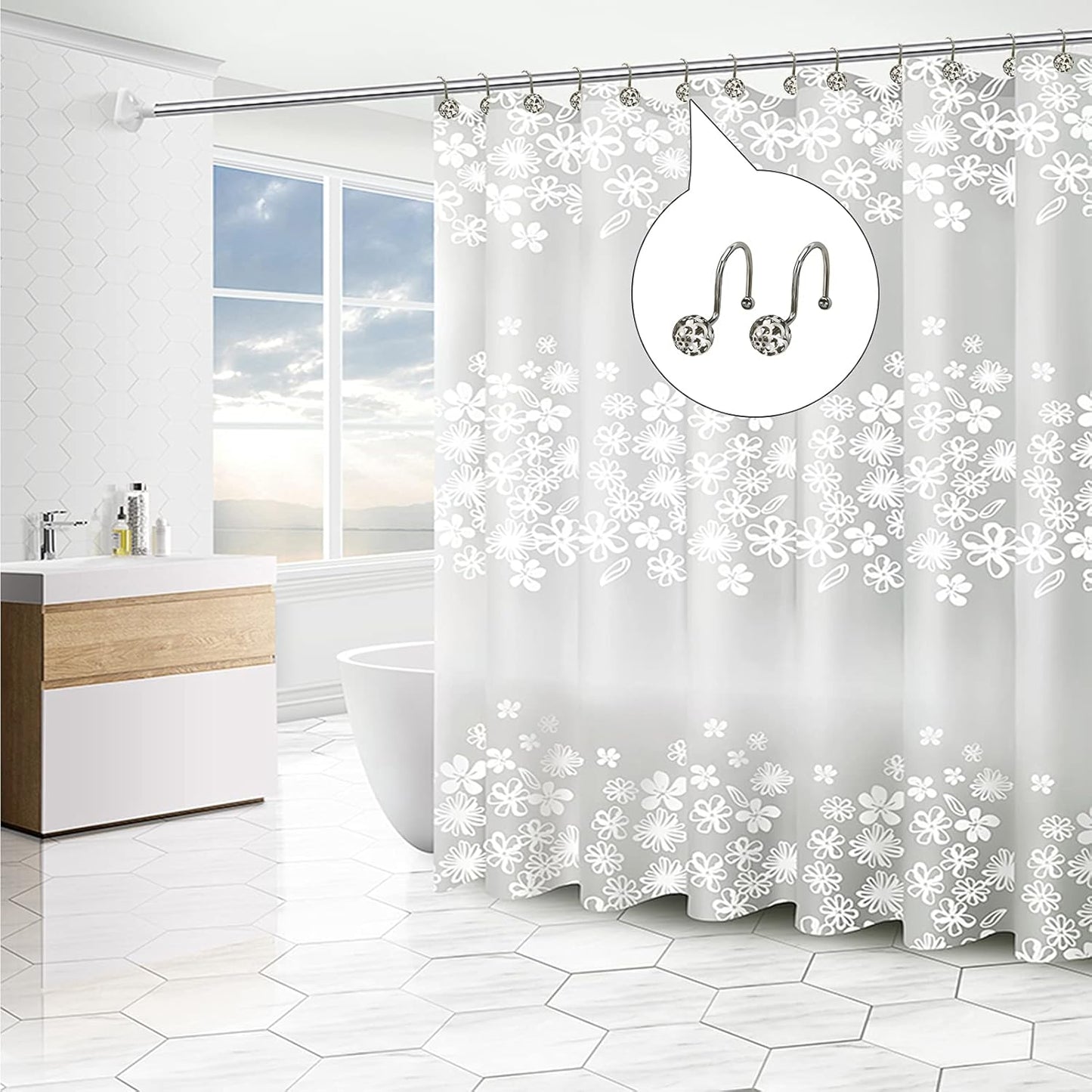 Sliver Decorative Shower Curtain Hooks,Set of 12 Bling Metal Rustproof Shower Hangers Rings, Hollow Ball Luxury Style Curtain Decorative for Shower, Rust Proof,Drilling-Free