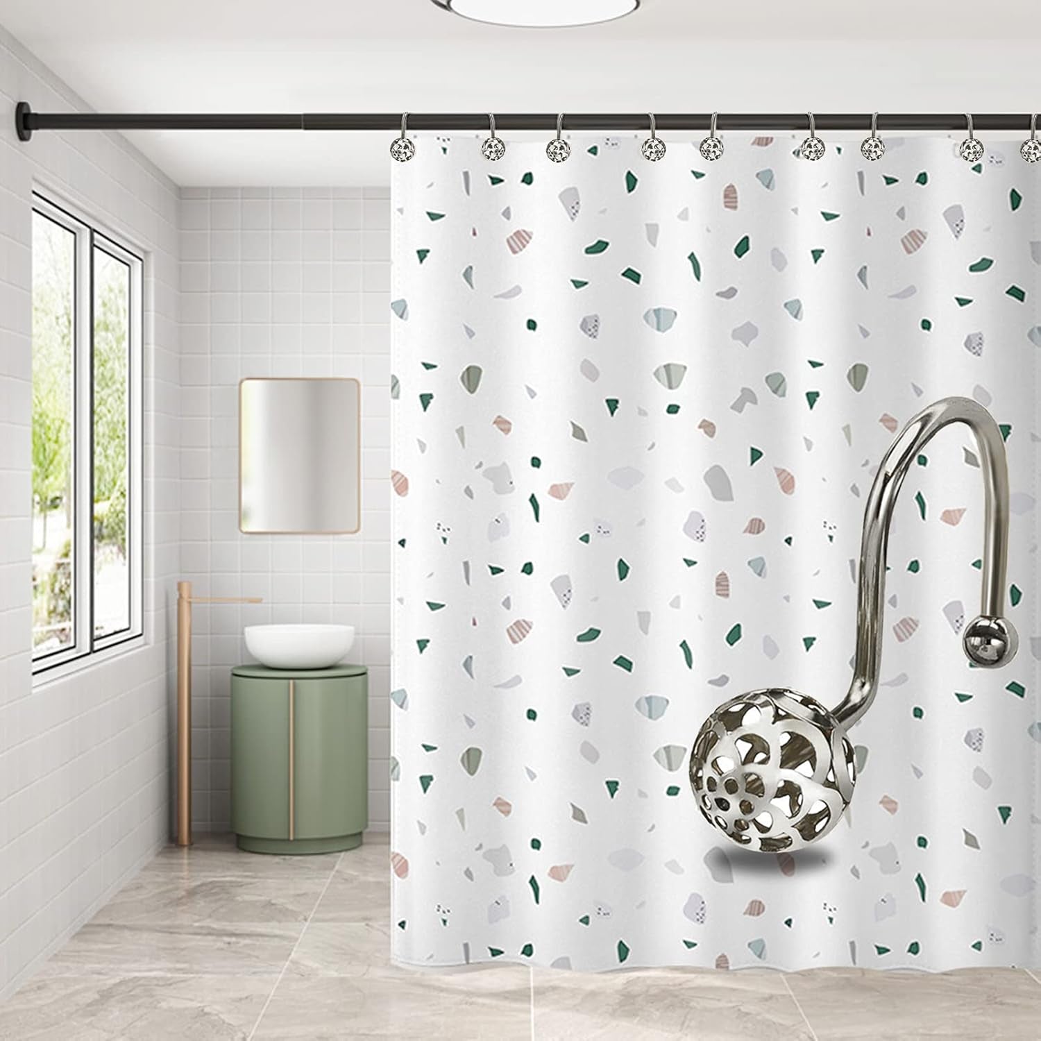 Sliver Decorative Shower Curtain Hooks,Set of 12 Bling Metal Rustproof Shower Hangers Rings, Hollow Ball Luxury Style Curtain Decorative for Shower, Rust Proof,Drilling-Free