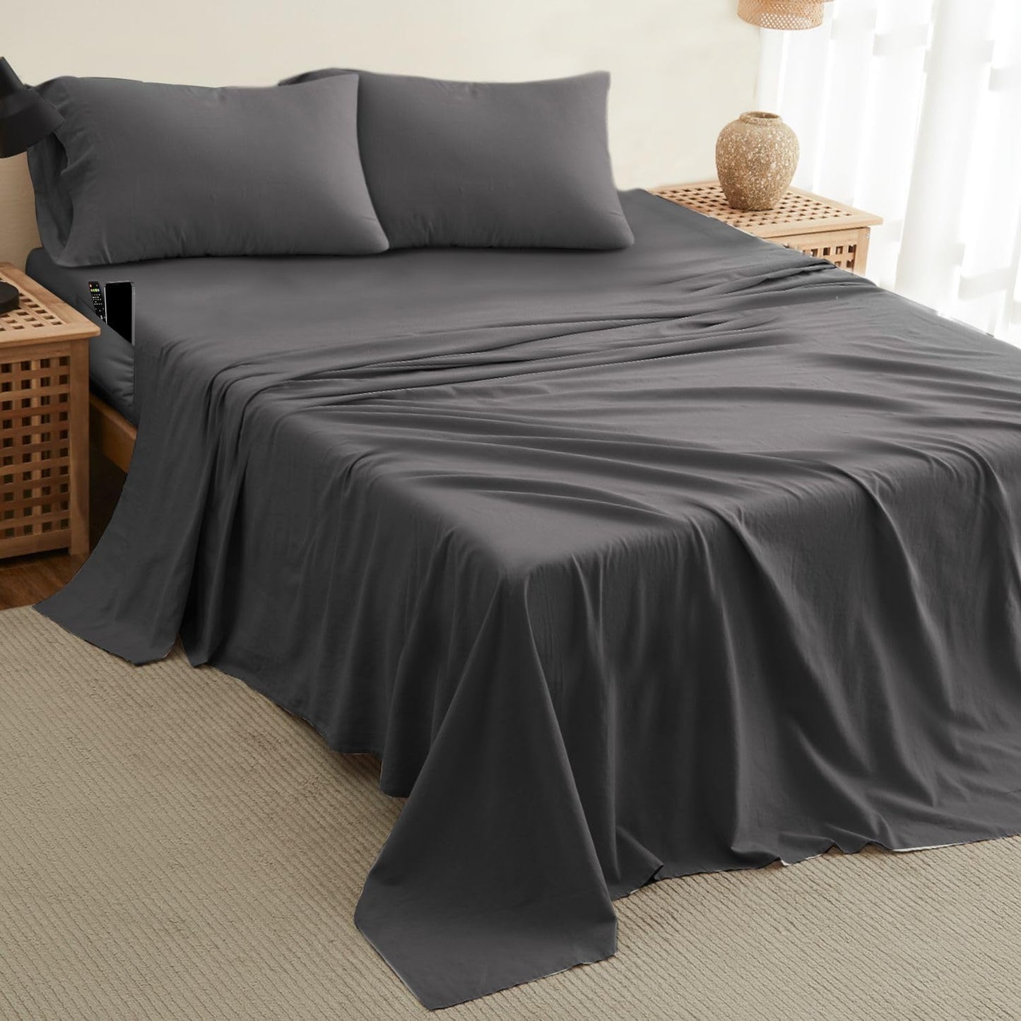 Full Size Sheets - Cooling Bed Sheets - 4Pcs Set - up to 15" Deep Pocket Full Sheet Set - Sheets Full Size Bed - Soft & Long Lasting 100% Fine Brushed Polyester with Side Pocket - Gray