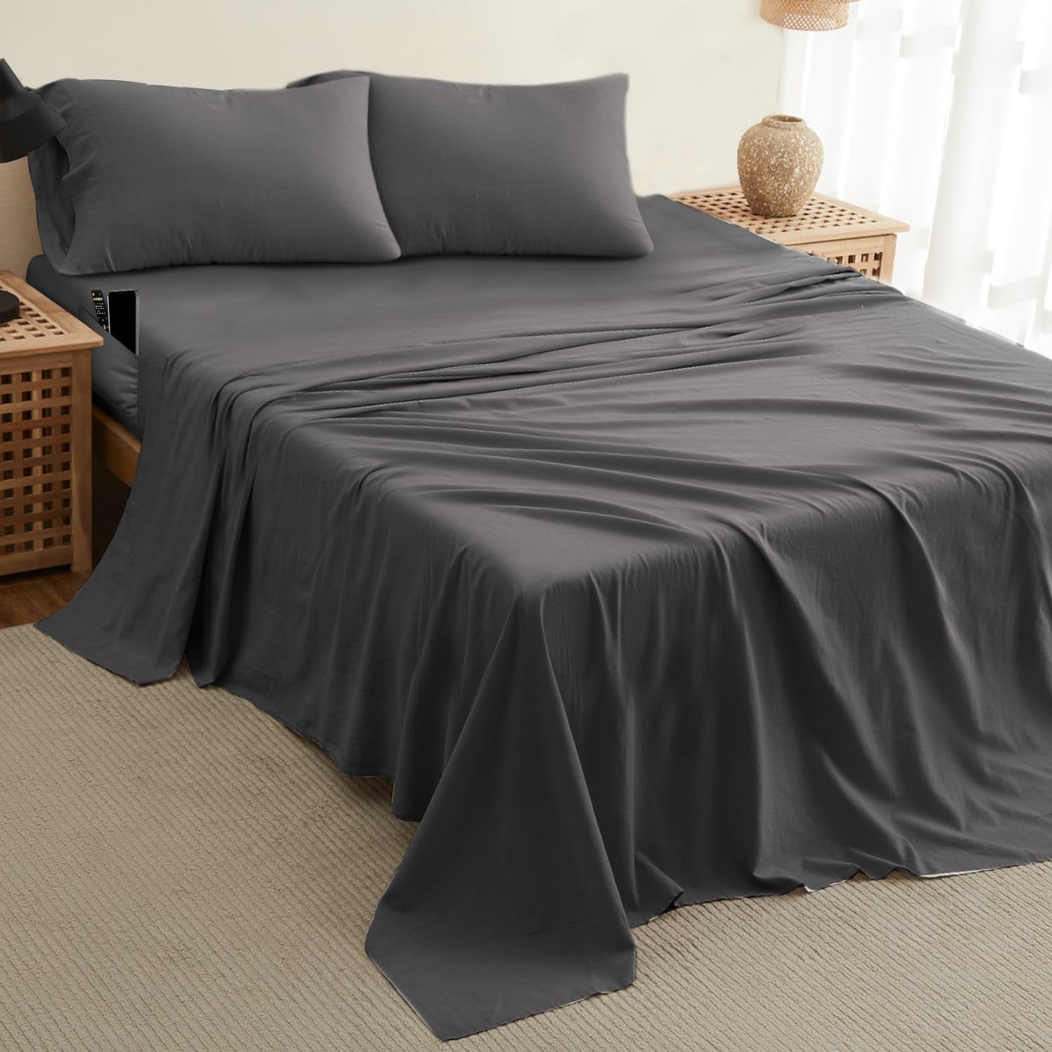 Full Size Sheets - Cooling Bed Sheets - 4Pcs Set - up to 15" Deep Pocket Full Sheet Set - Sheets Full Size Bed - Soft & Long Lasting 100% Fine Brushed Polyester with Side Pocket - Gray