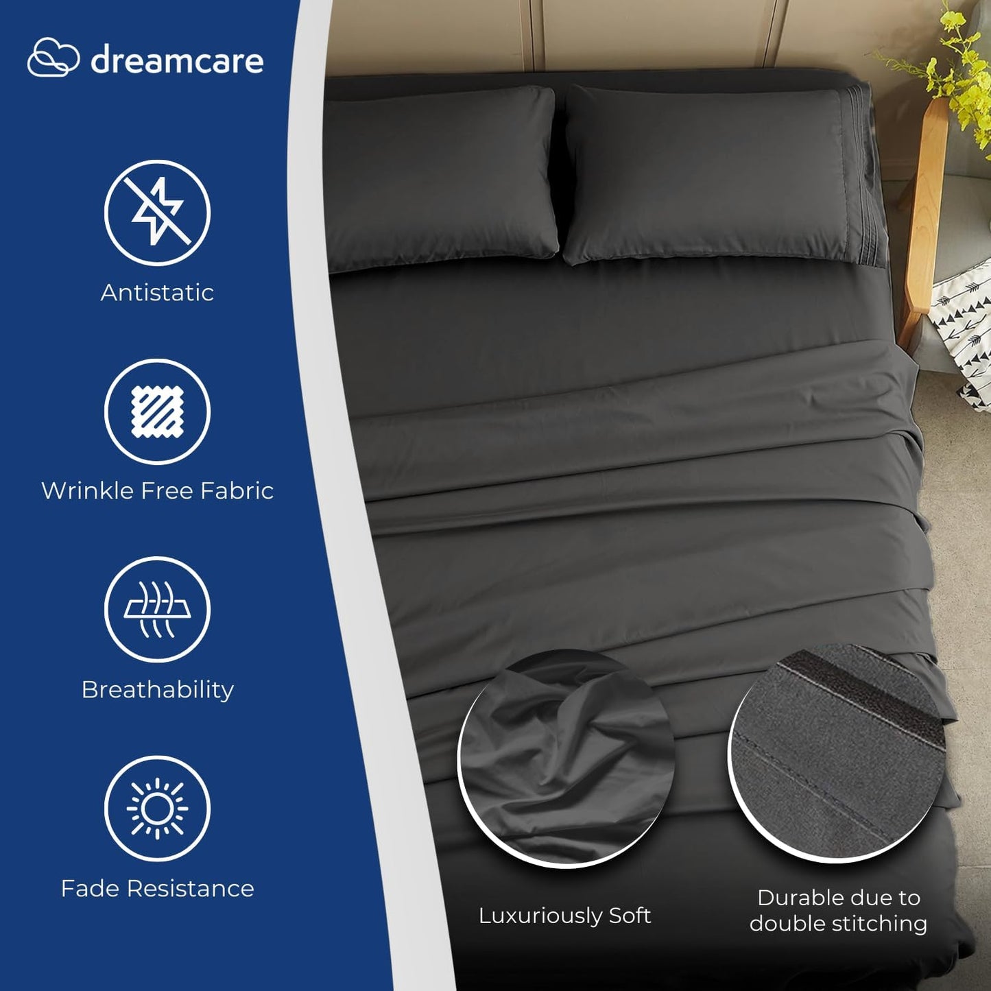 Full Size Sheets - Cooling Bed Sheets - 4Pcs Set - up to 15" Deep Pocket Full Sheet Set - Sheets Full Size Bed - Soft & Long Lasting 100% Fine Brushed Polyester with Side Pocket - Gray