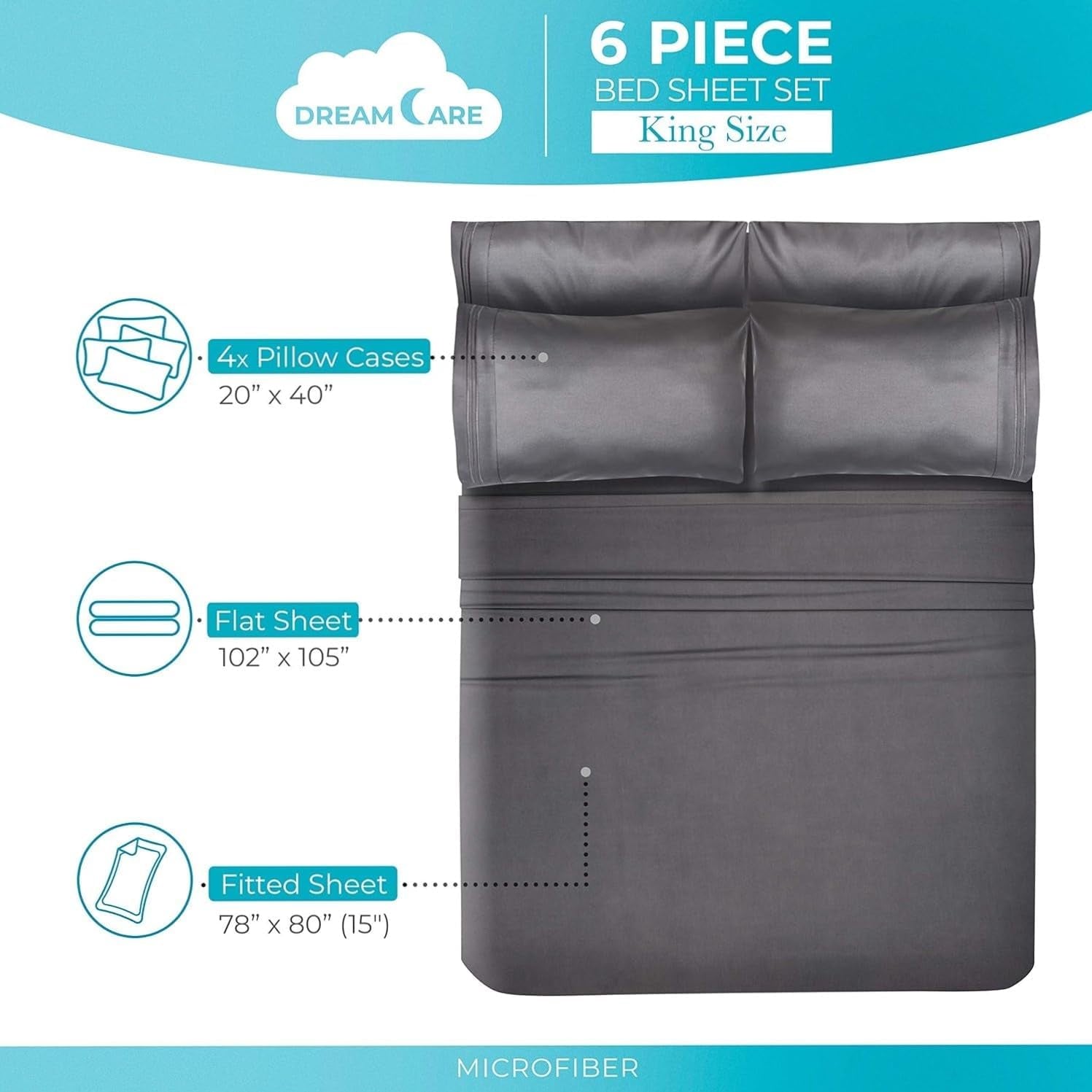 Queen Sheet Set – 6 Pcs Cooling Bed Sheets – up to 15” Deep Sheets Queen Size Bed Set – 2500 Supreme Collection – Extra Soft 100% Brushed Microfiber Hotel Luxury with Side Pocket – Gray