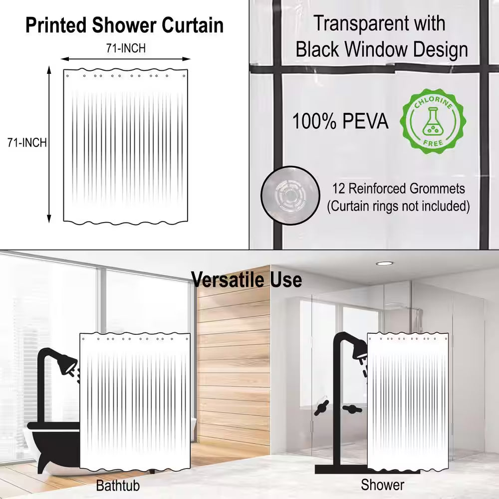 Transparent 71 In. W X 71 In. L PEVA Shower Curtain Black Window Design