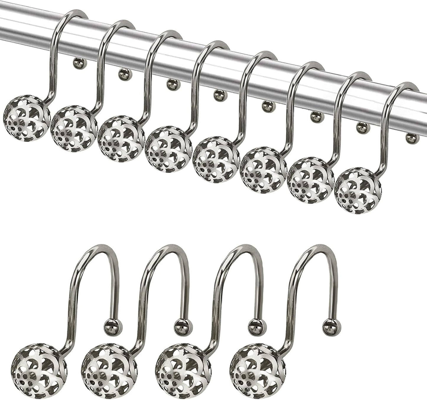 Sliver Decorative Shower Curtain Hooks,Set of 12 Bling Metal Rustproof Shower Hangers Rings, Hollow Ball Luxury Style Curtain Decorative for Shower, Rust Proof,Drilling-Free