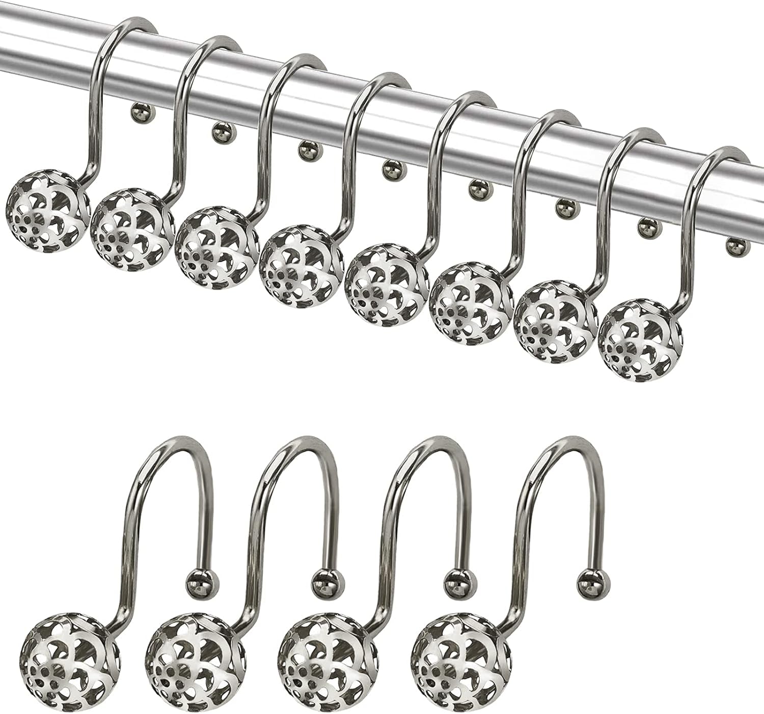 Sliver Decorative Shower Curtain Hooks,Set of 12 Bling Metal Rustproof Shower Hangers Rings, Hollow Ball Luxury Style Curtain Decorative for Shower, Rust Proof,Drilling-Free