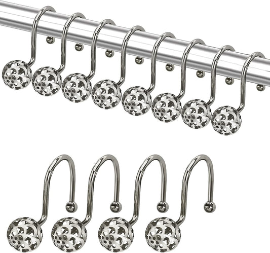 Sliver Decorative Shower Curtain Hooks,Set of 12 Bling Metal Rustproof Shower Hangers Rings, Hollow Ball Luxury Style Curtain Decorative for Shower, Rust Proof,Drilling-Free