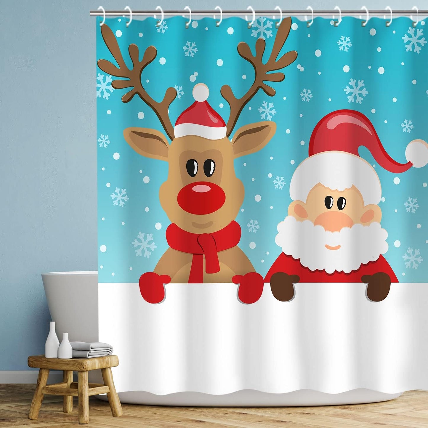 Christmas Shower Curtain, Santa Claus and Reindeer Pattern Shower Curtain Set with 12 Hooks, Xmas Decorative Cute Cartoon Fabric Bathroom Curtain, 72W X 72H Inches