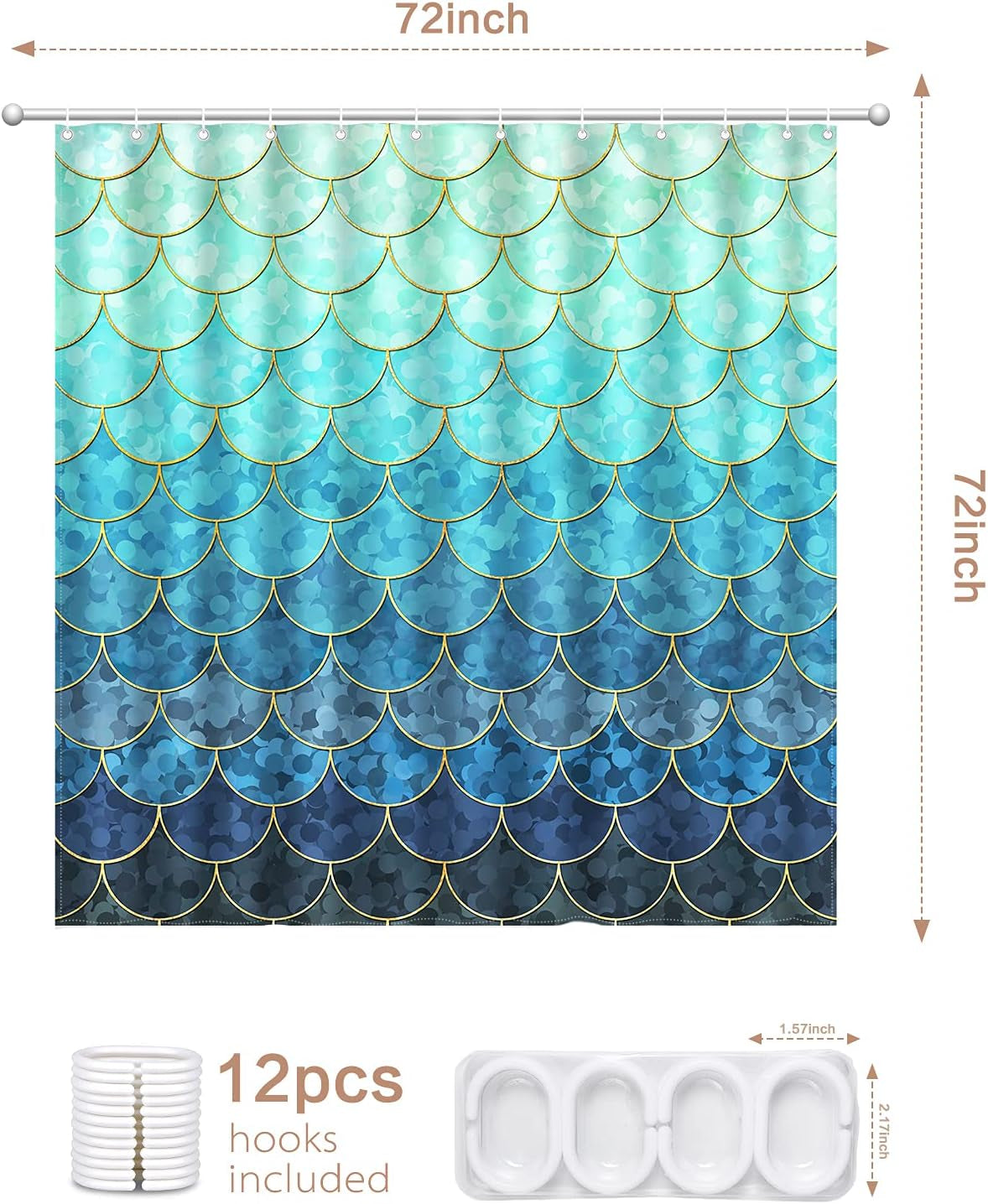 Modern Shower Curtain,Ombre Blue Shower Curtains,Teal Shower Curtain,Fabric Shower Curtains for Bathroom with 12 Hooks, Waterproof Shower Curtain, 72 X 72 Inch