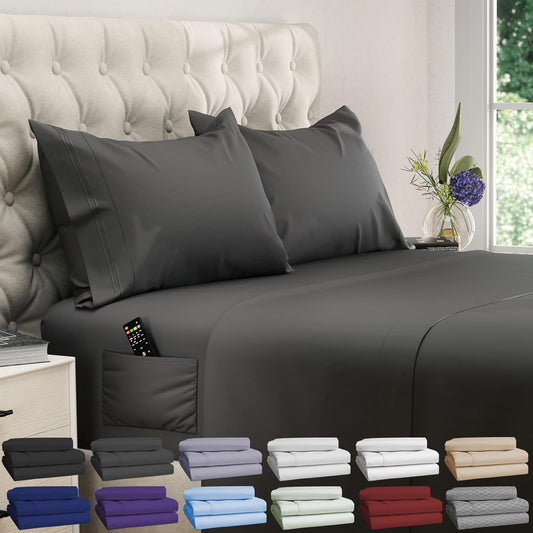 Full Size Sheets - Cooling Bed Sheets - 4Pcs Set - up to 15" Deep Pocket Full Sheet Set - Sheets Full Size Bed - Soft & Long Lasting 100% Fine Brushed Polyester with Side Pocket - Gray