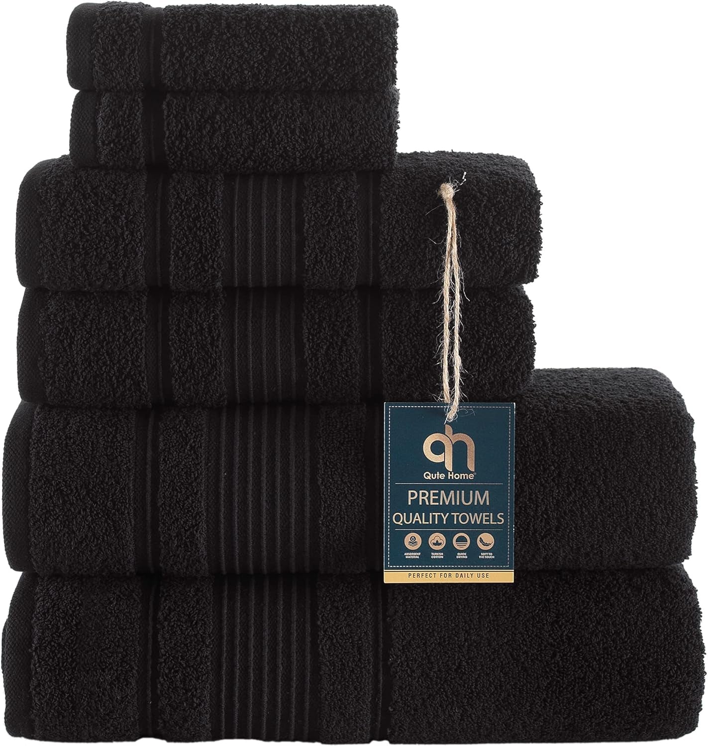 6-Piece Bath Towels Set, 100% Turkish Cotton Premium Quality Bathroom Towels, Soft and Absorbent Turkish Towels, Set Includes 2 Bath Towels, 2 Hand Towels and 2 Washcloths (Black)