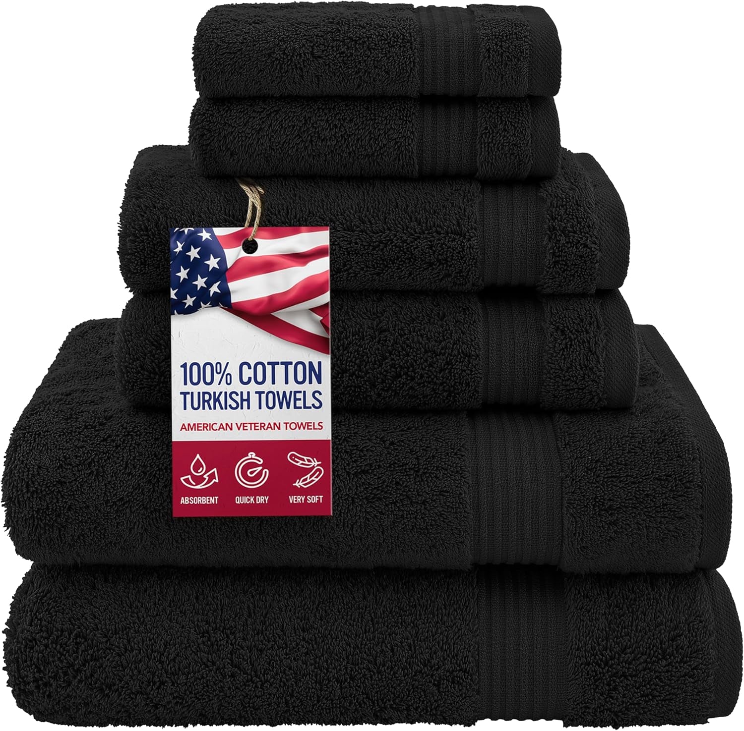 100% Cotton Turkish 6 Piece Towel Set, Luxury Towels Set of 6 for Bathroom Essentials, 2 Bath Towels 2 Hand Towels 2 Washcloths, Black
