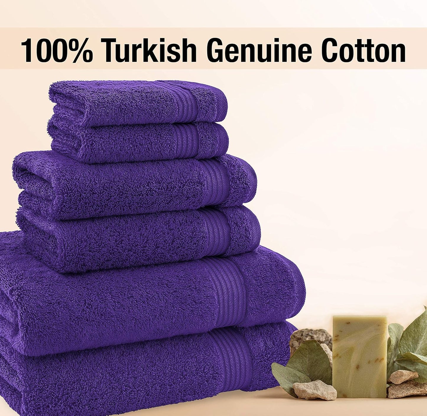 2 Washcloths, 2 Hand Towels, 2 Bath Towels, Soft & Absorbent 600 GSM Premium Hotel & Spa Quality 6 Piece Genuine Turkish Cotton Bathroom Towel Set, Aqua Blue (6 Piece Turkish Towel Set, Purple)