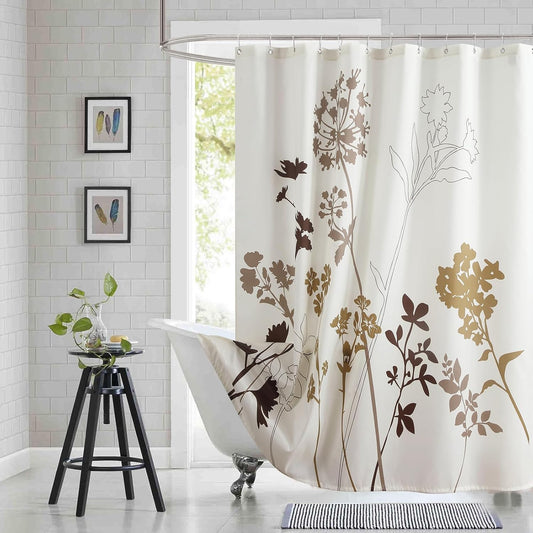 Floral Fabric Shower Curtain, Beige Brown Grey Plant Shower Curtains for Bathroom, Waterproof Bathroom Curtains, 72" W X 72" H