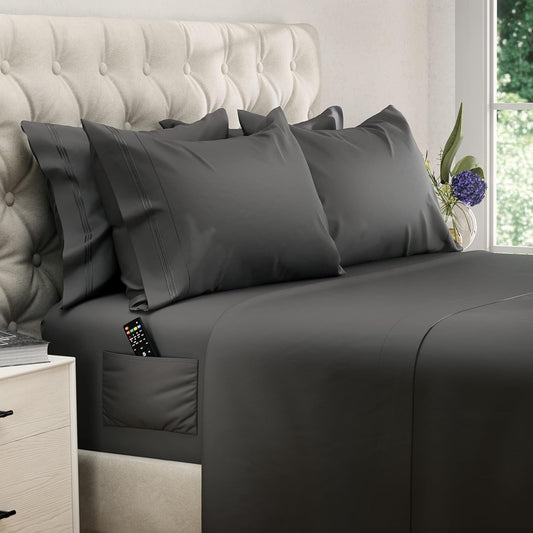 Queen Sheet Set – 6 Pcs Cooling Bed Sheets – up to 15” Deep Sheets Queen Size Bed Set – 2500 Supreme Collection – Extra Soft 100% Brushed Microfiber Hotel Luxury with Side Pocket – Gray