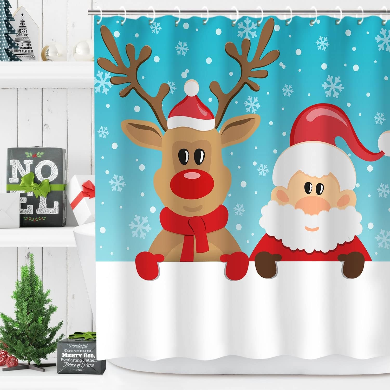 Christmas Shower Curtain, Santa Claus and Reindeer Pattern Shower Curtain Set with 12 Hooks, Xmas Decorative Cute Cartoon Fabric Bathroom Curtain, 72W X 72H Inches