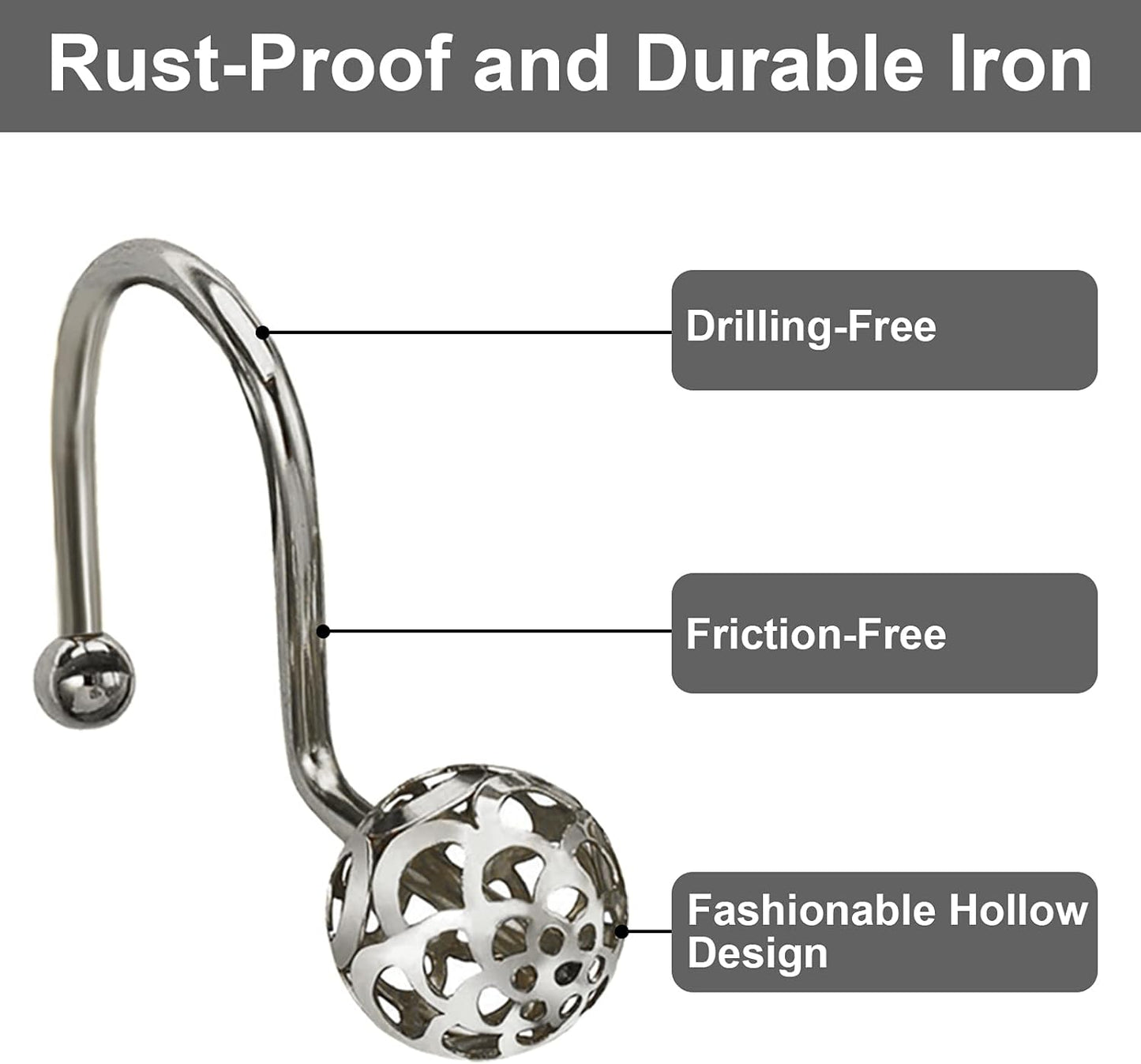 Sliver Decorative Shower Curtain Hooks,Set of 12 Bling Metal Rustproof Shower Hangers Rings, Hollow Ball Luxury Style Curtain Decorative for Shower, Rust Proof,Drilling-Free