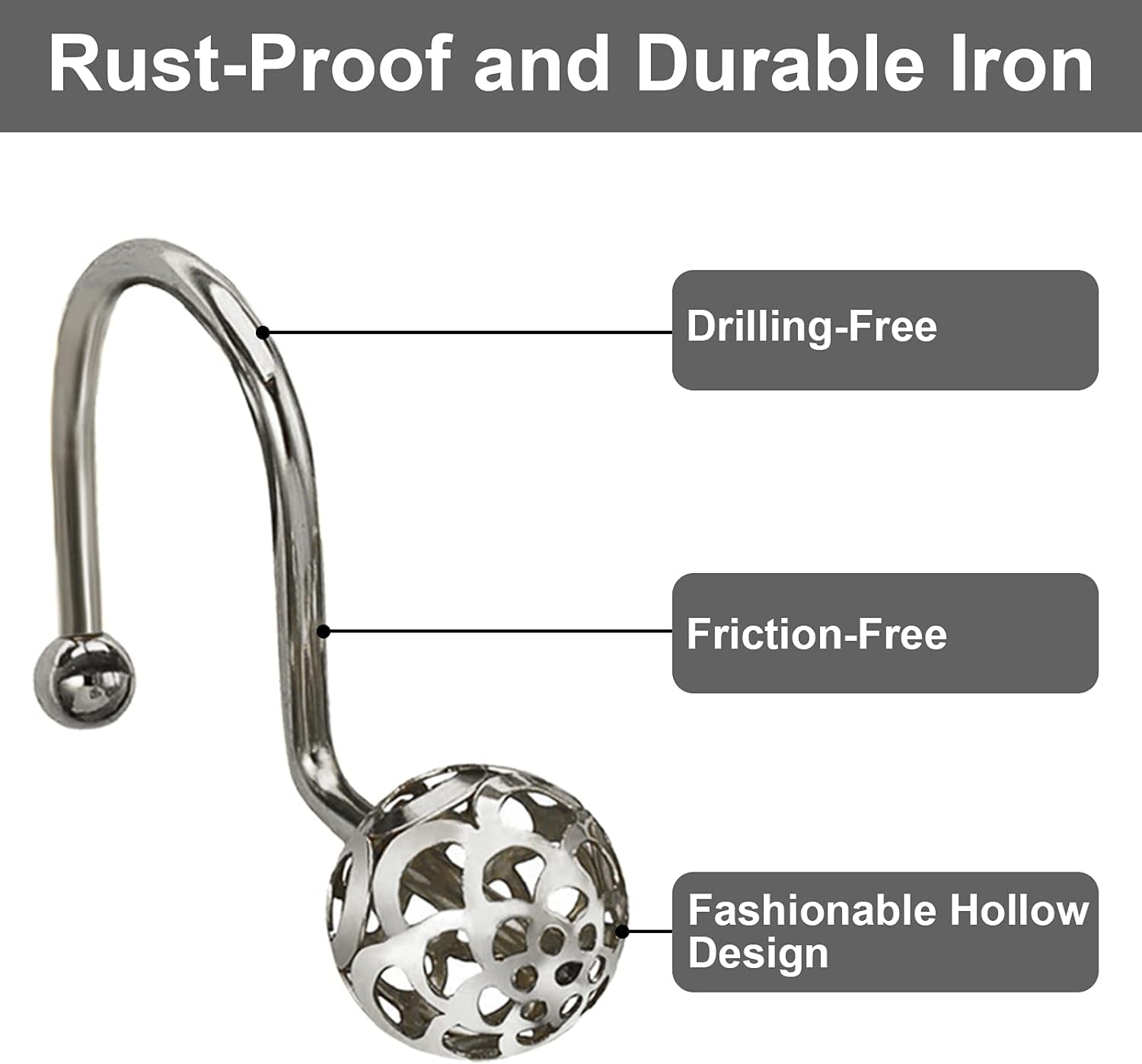 Sliver Decorative Shower Curtain Hooks,Set of 12 Bling Metal Rustproof Shower Hangers Rings, Hollow Ball Luxury Style Curtain Decorative for Shower, Rust Proof,Drilling-Free