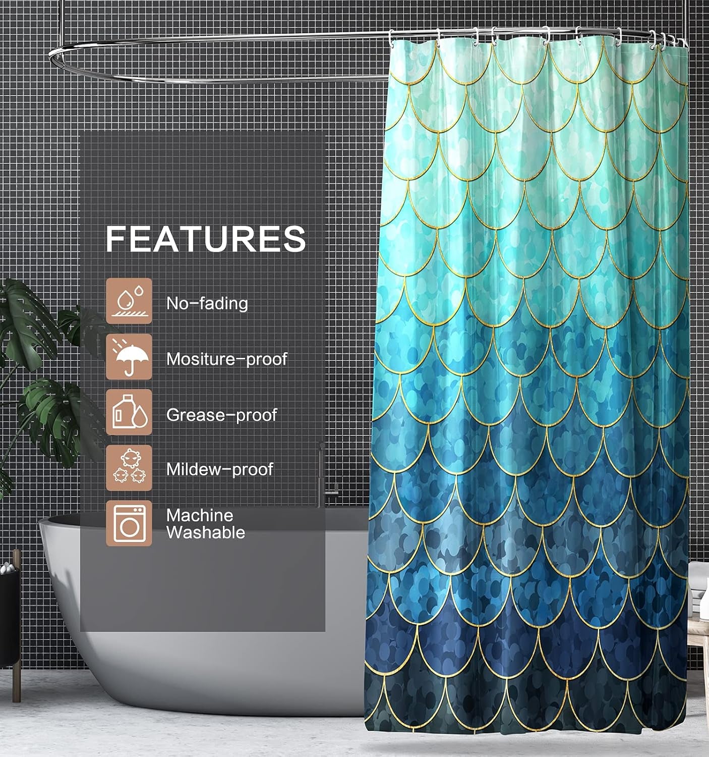 Modern Shower Curtain,Ombre Blue Shower Curtains,Teal Shower Curtain,Fabric Shower Curtains for Bathroom with 12 Hooks, Waterproof Shower Curtain, 72 X 72 Inch