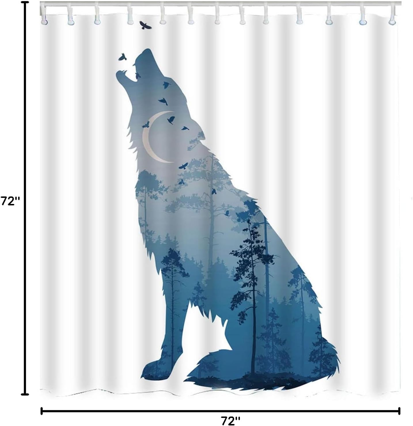Wolf Shower Curtain Set Wild Animal Howling Wolves with Night Moon Flying Birds Tree Shower Curtains Home Waterproof Long Polyester Fabric Shower Curtain with Hooks 72X72 Inch