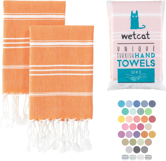 Turkish Hand Towels with Hanging Loop, Set of 2 (20" X 30") 100% Turkish Cotton, Pre-Washed, Quick Drying, for Kitchen or Bathroom - Orange