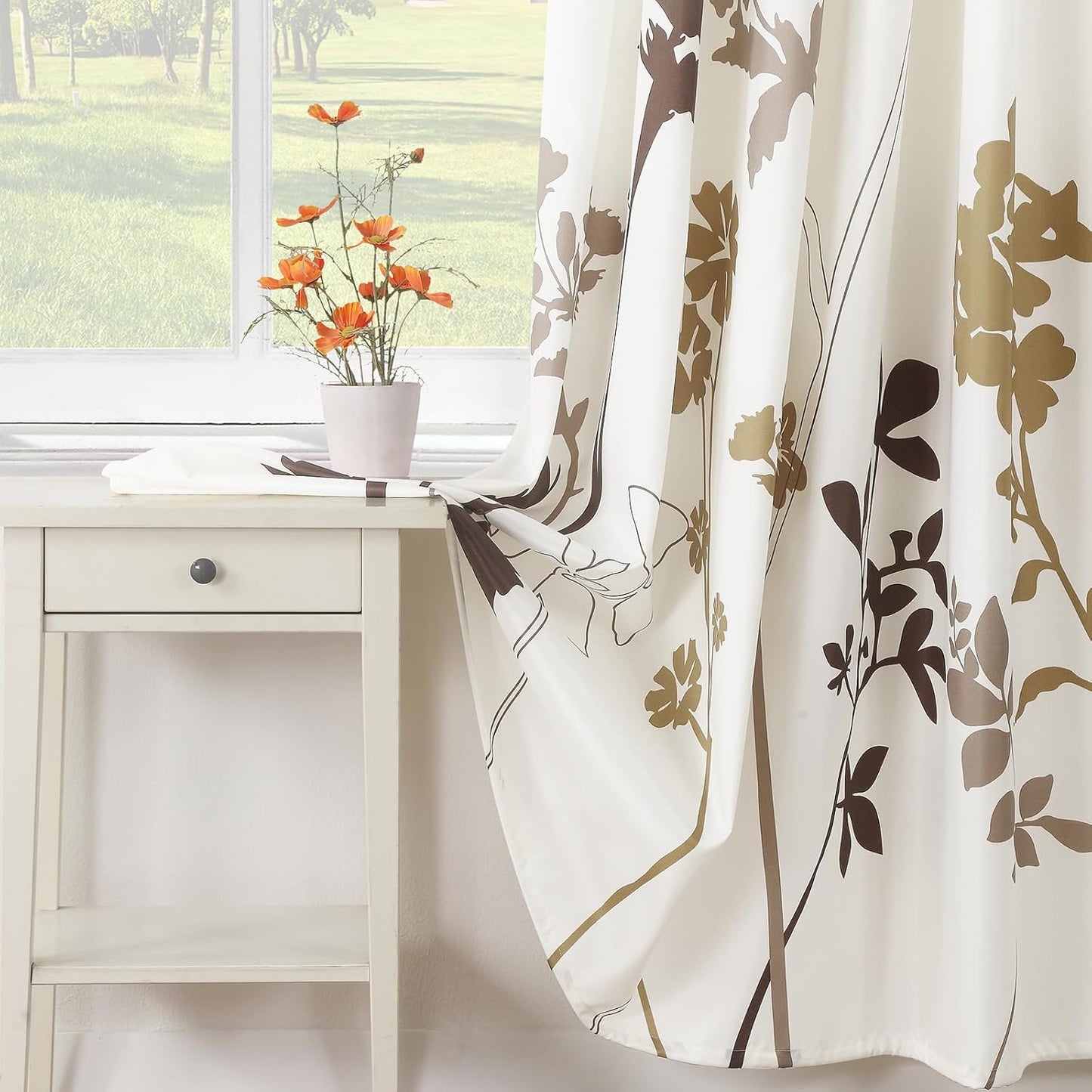 Floral Fabric Shower Curtain, Beige Brown Grey Plant Shower Curtains for Bathroom, Waterproof Bathroom Curtains, 72" W X 72" H
