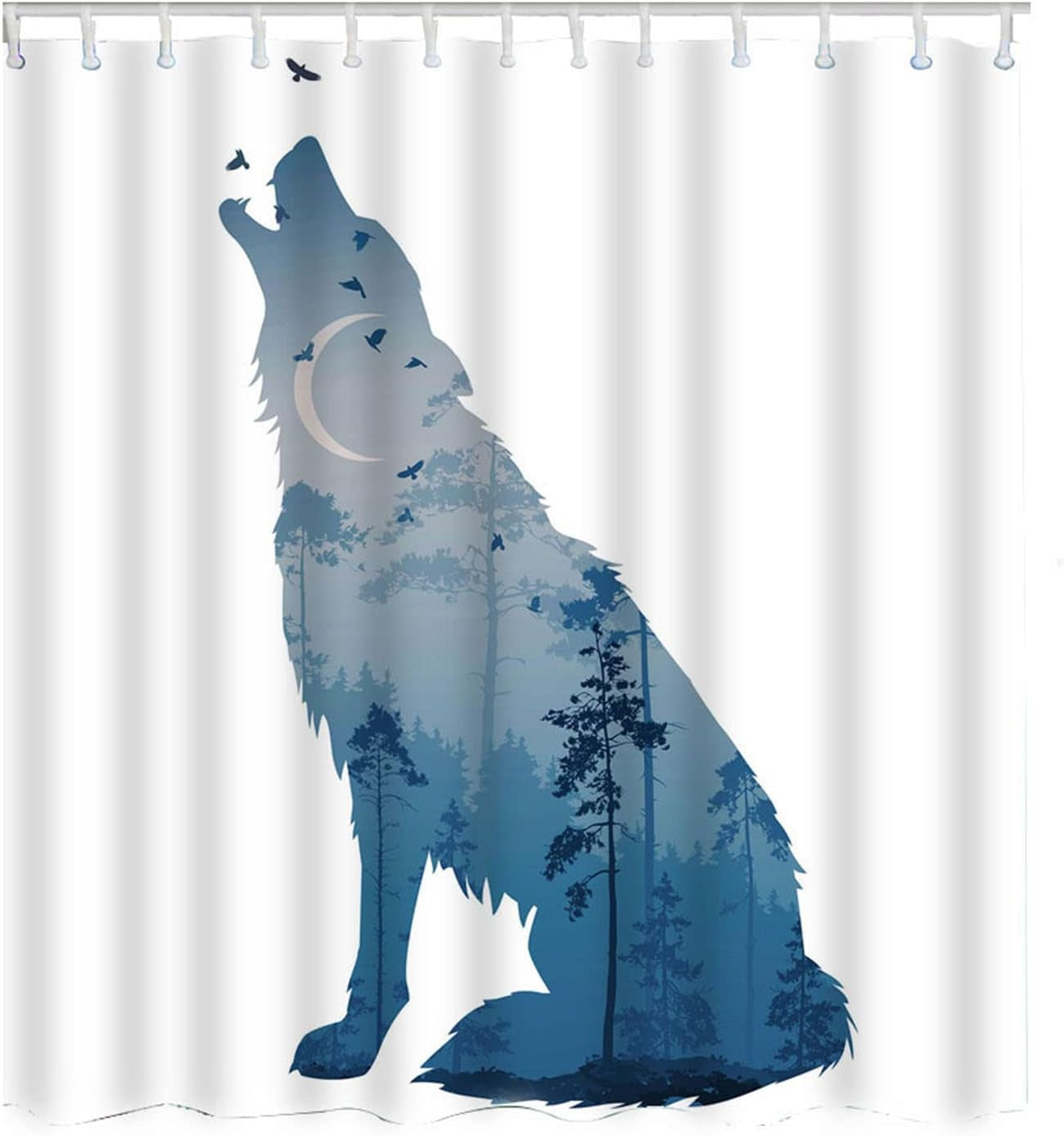 Wolf Shower Curtain Set Wild Animal Howling Wolves with Night Moon Flying Birds Tree Shower Curtains Home Waterproof Long Polyester Fabric Shower Curtain with Hooks 72X72 Inch