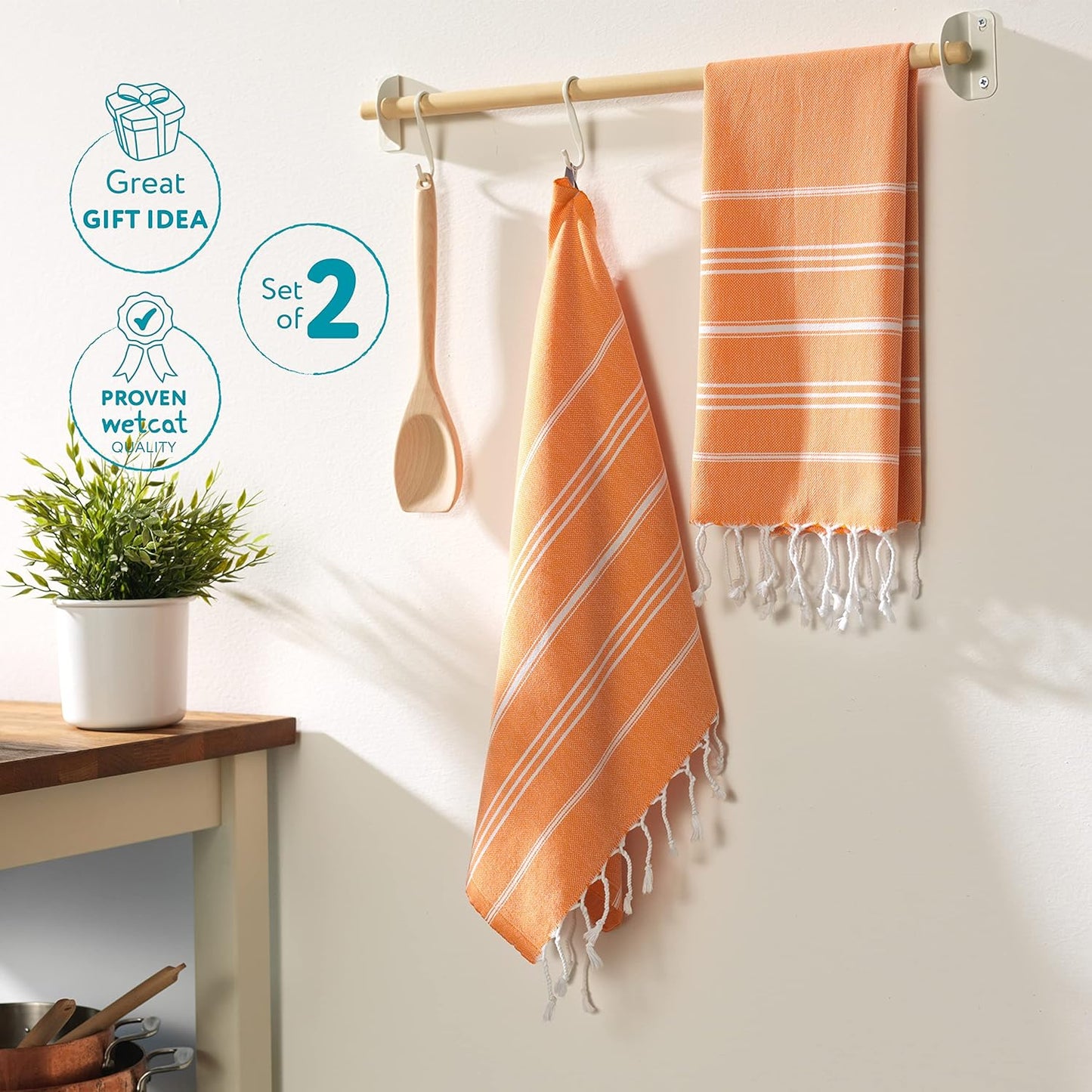 Turkish Hand Towels with Hanging Loop, Set of 2 (20" X 30") 100% Turkish Cotton, Pre-Washed, Quick Drying, for Kitchen or Bathroom - Orange