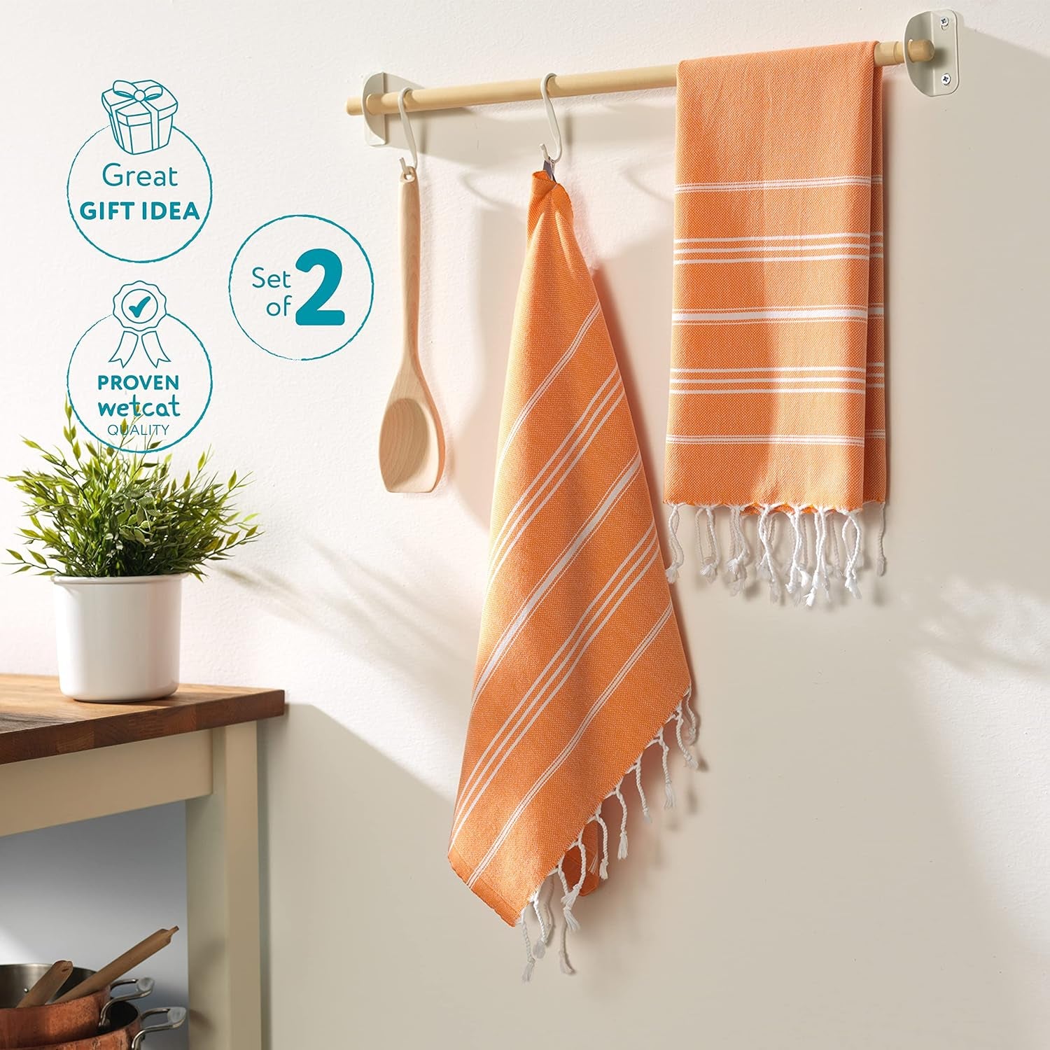 Turkish Hand Towels with Hanging Loop, Set of 2 (20" X 30") 100% Turkish Cotton, Pre-Washed, Quick Drying, for Kitchen or Bathroom - Orange