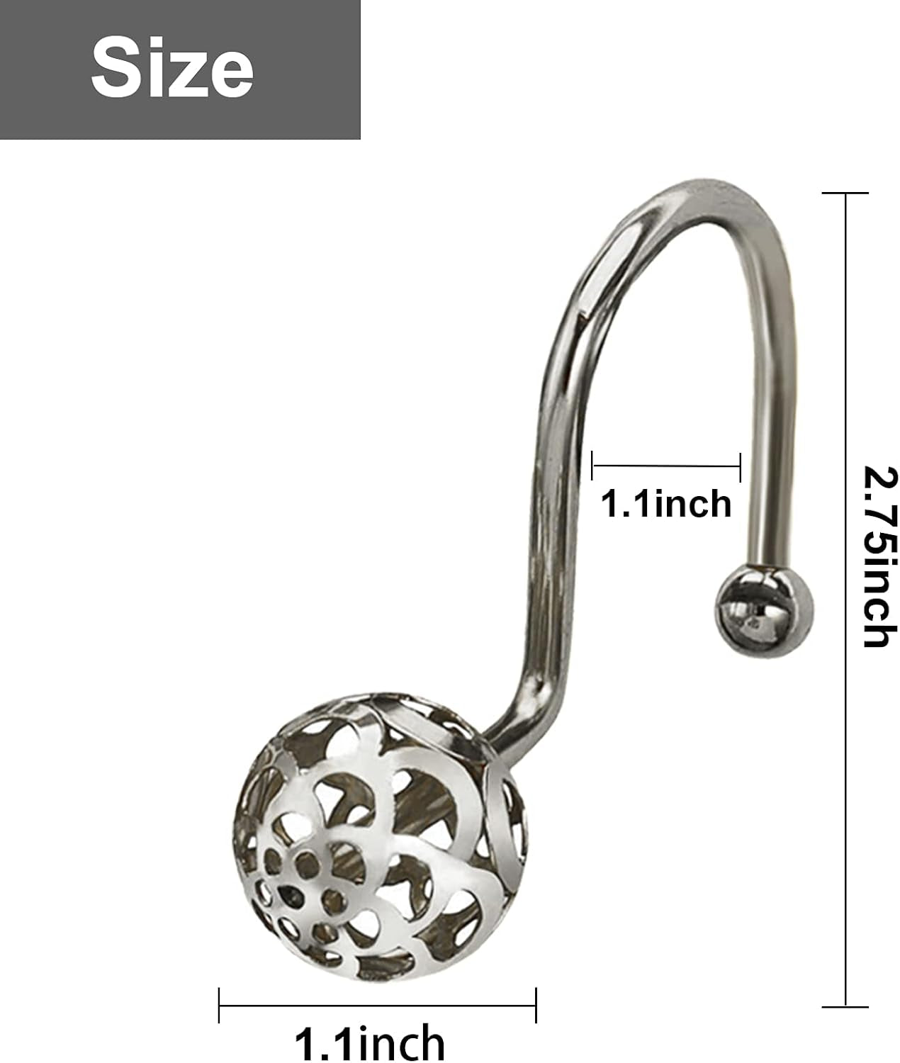 Sliver Decorative Shower Curtain Hooks,Set of 12 Bling Metal Rustproof Shower Hangers Rings, Hollow Ball Luxury Style Curtain Decorative for Shower, Rust Proof,Drilling-Free