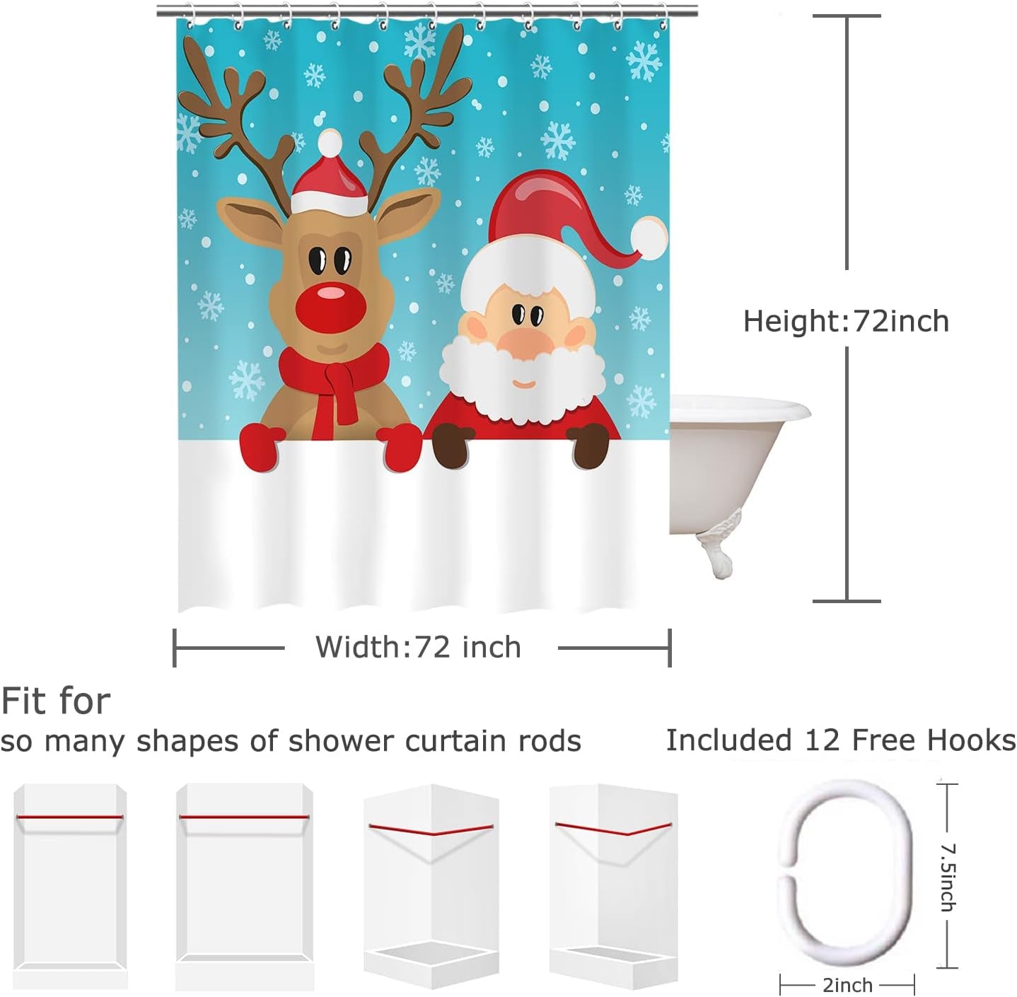 Christmas Shower Curtain, Santa Claus and Reindeer Pattern Shower Curtain Set with 12 Hooks, Xmas Decorative Cute Cartoon Fabric Bathroom Curtain, 72W X 72H Inches