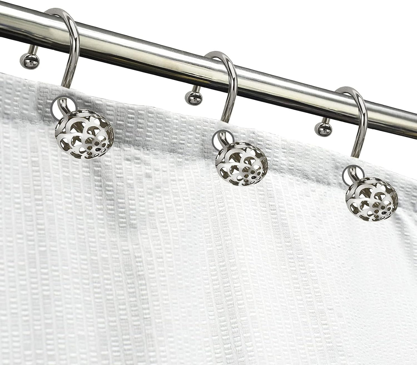 Sliver Decorative Shower Curtain Hooks,Set of 12 Bling Metal Rustproof Shower Hangers Rings, Hollow Ball Luxury Style Curtain Decorative for Shower, Rust Proof,Drilling-Free