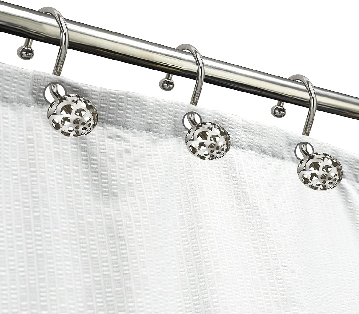 Sliver Decorative Shower Curtain Hooks,Set of 12 Bling Metal Rustproof Shower Hangers Rings, Hollow Ball Luxury Style Curtain Decorative for Shower, Rust Proof,Drilling-Free