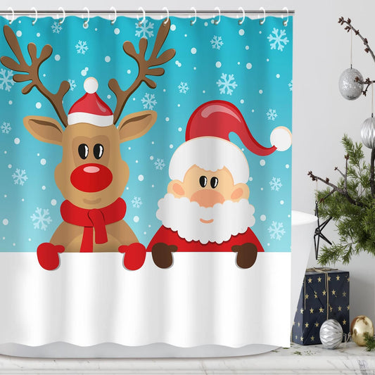 Christmas Shower Curtain, Santa Claus and Reindeer Pattern Shower Curtain Set with 12 Hooks, Xmas Decorative Cute Cartoon Fabric Bathroom Curtain, 72W X 72H Inches
