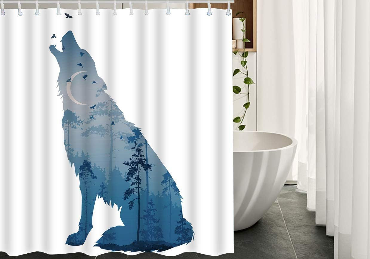 Wolf Shower Curtain Set Wild Animal Howling Wolves with Night Moon Flying Birds Tree Shower Curtains Home Waterproof Long Polyester Fabric Shower Curtain with Hooks 72X72 Inch
