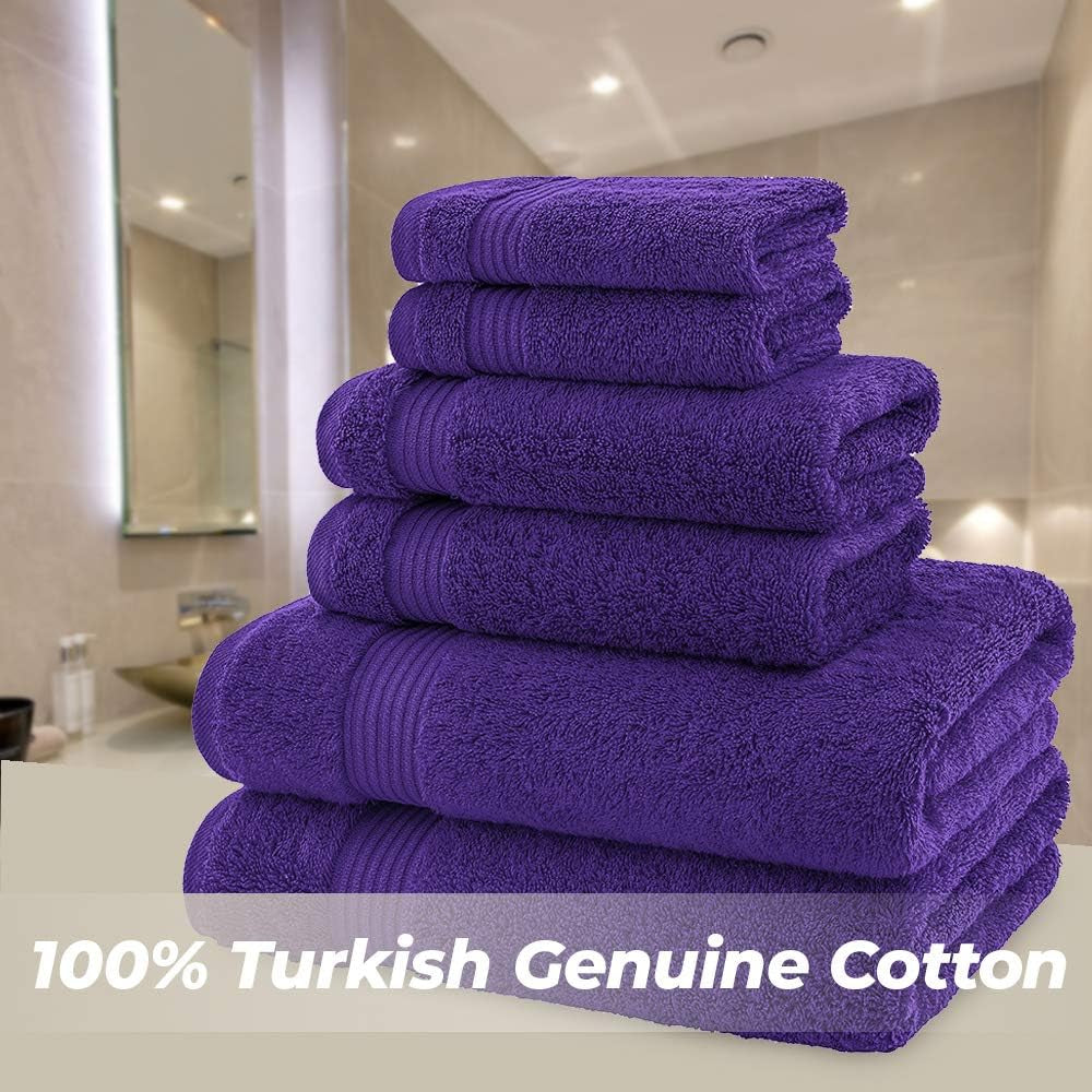 2 Washcloths, 2 Hand Towels, 2 Bath Towels, Soft & Absorbent 600 GSM Premium Hotel & Spa Quality 6 Piece Genuine Turkish Cotton Bathroom Towel Set, Aqua Blue (6 Piece Turkish Towel Set, Purple)